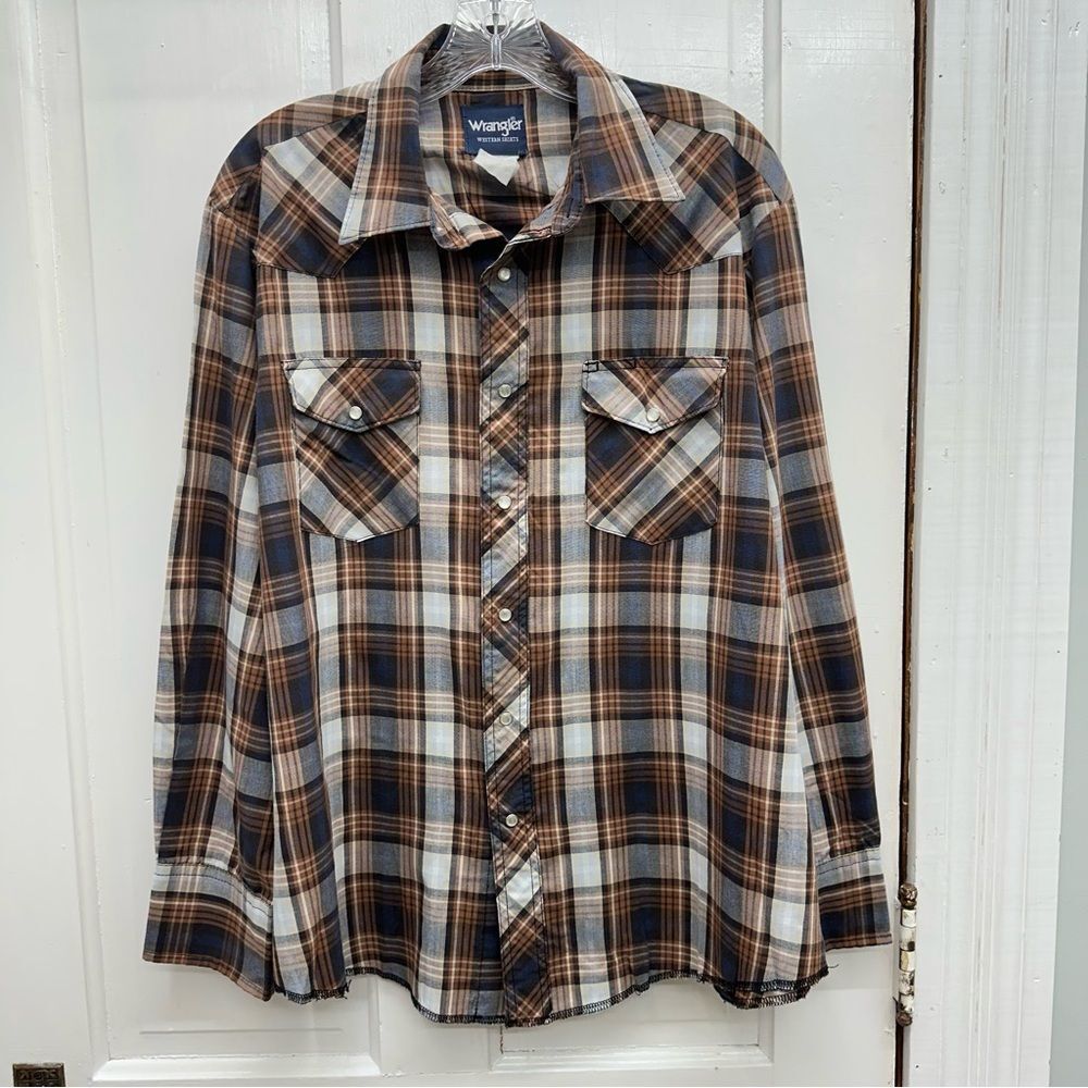 Wrangler western wear pearl snap button down shirt men's large. brown navy white